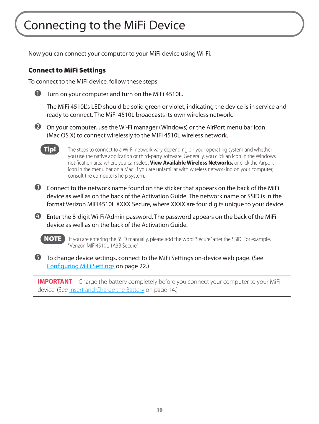 Verizon 649496017989 manual Connecting to the MiFi Device, Connect to MiFi Settings 