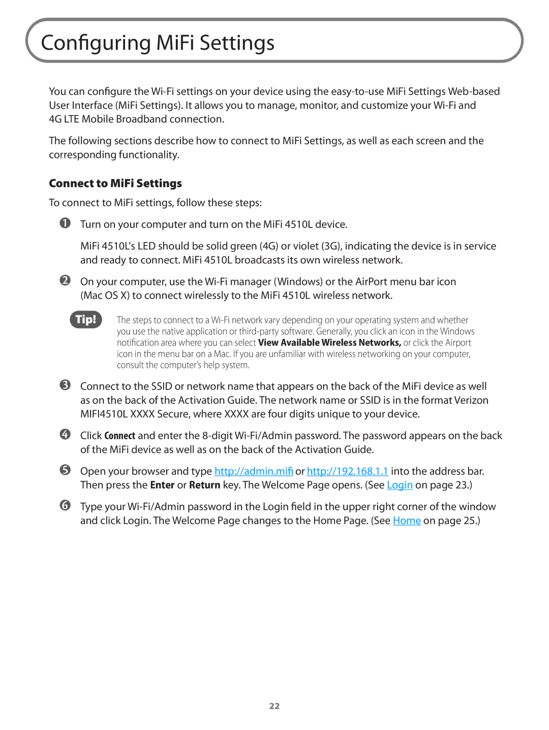 Verizon 649496017989 manual Configuring MiFi Settings, Connect to MiFi Settings 