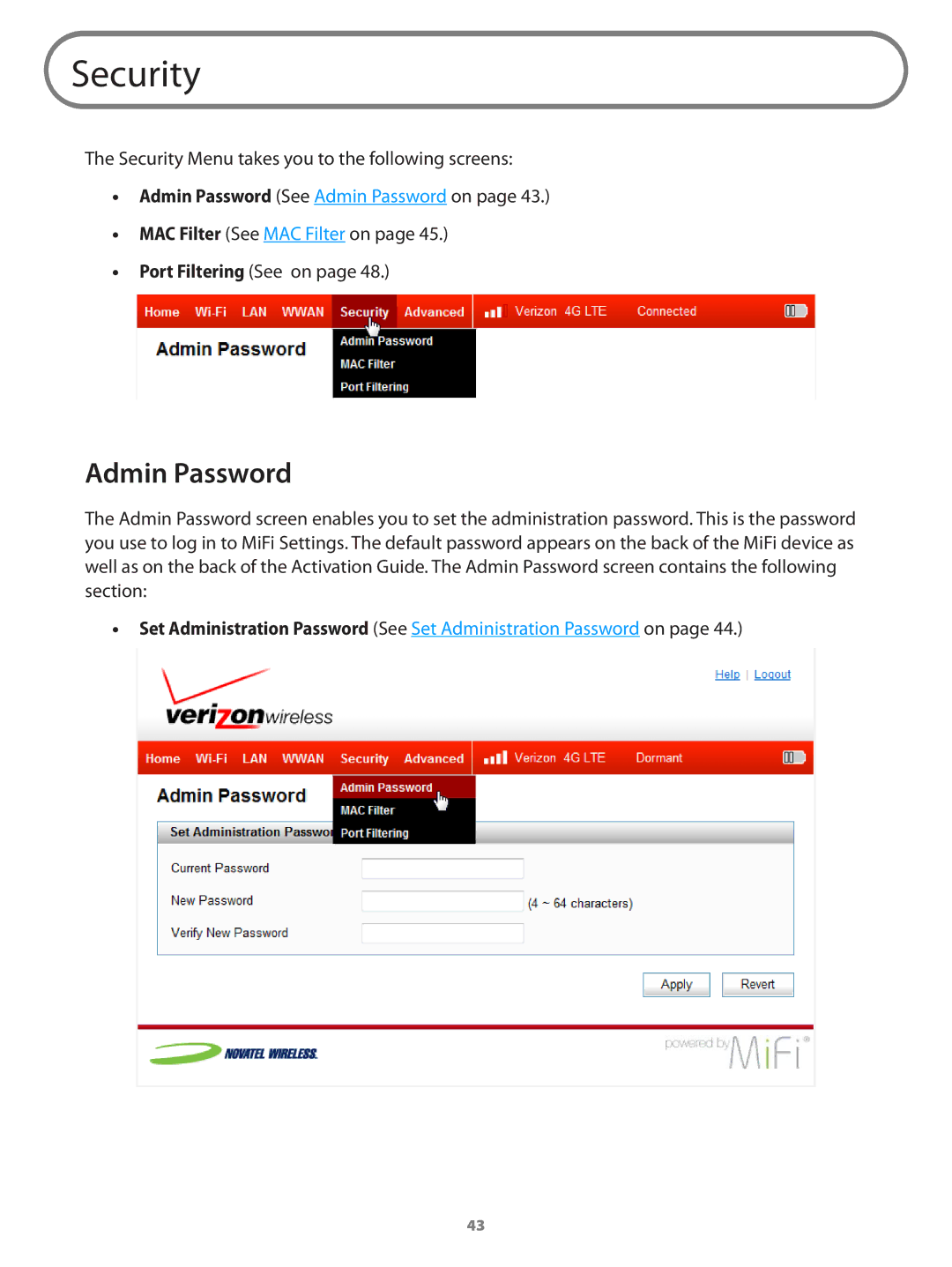 Verizon 649496017989 manual Security, Admin Password 