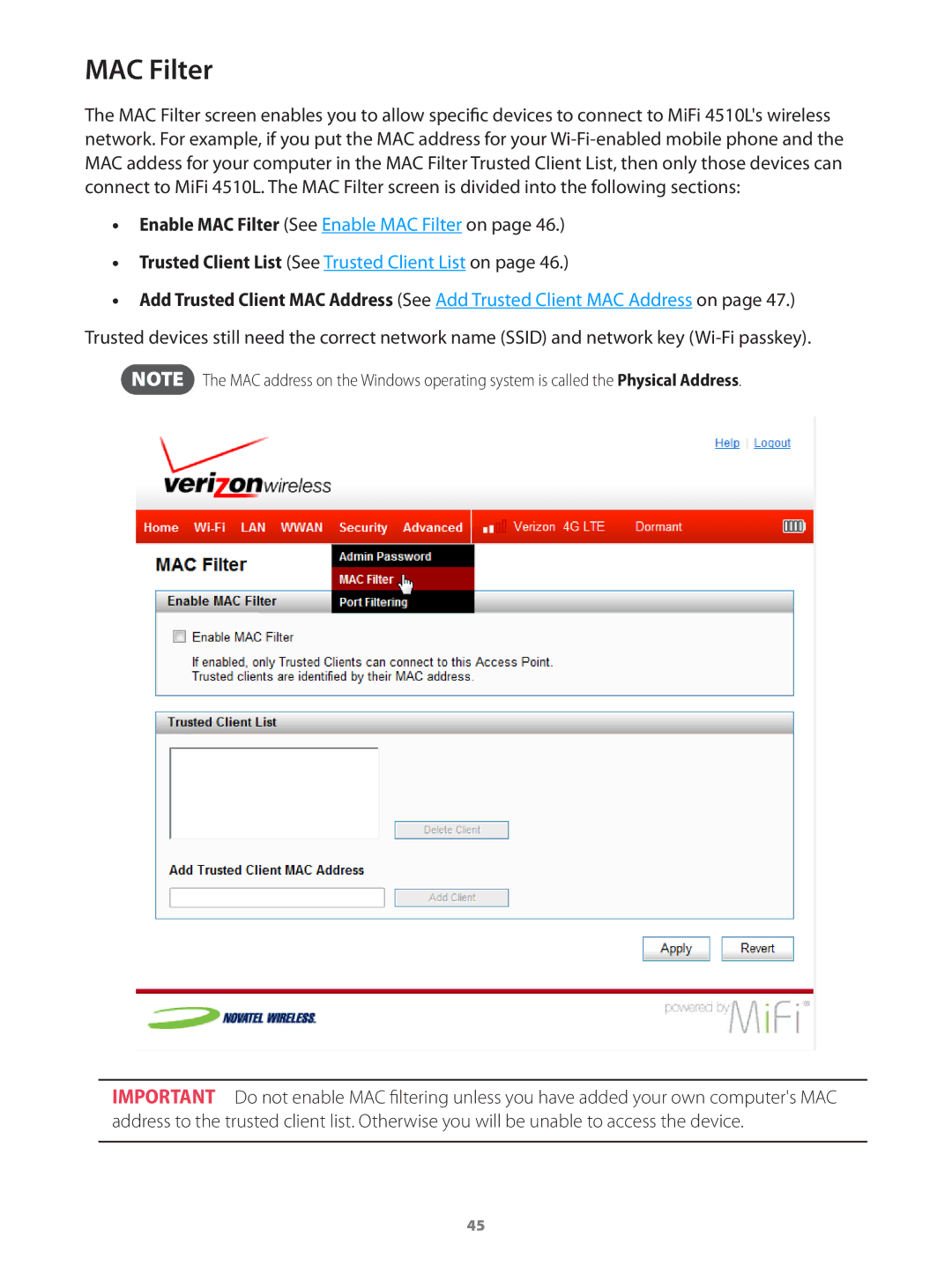 Verizon 649496017989 manual MAC Filter 