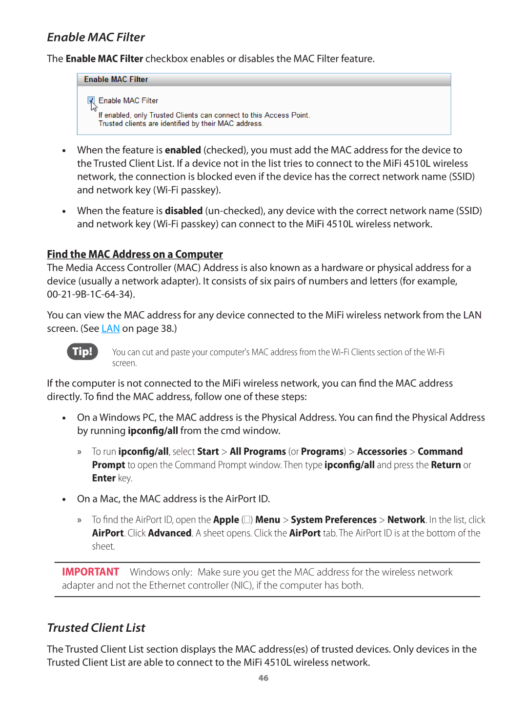 Verizon 649496017989 manual Enable MAC Filter, Trusted Client List, Find the MAC Address on a Computer 