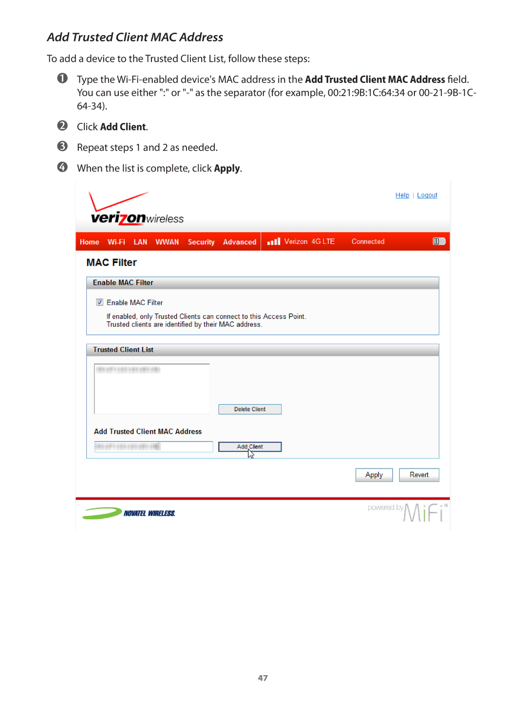 Verizon 649496017989 manual Add Trusted Client MAC Address 