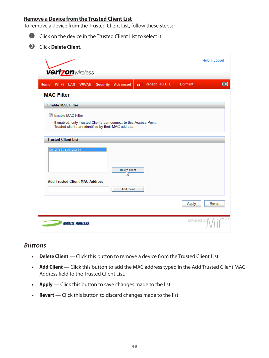 Verizon 649496017989 manual Buttons, Remove a Device from the Trusted Client List 