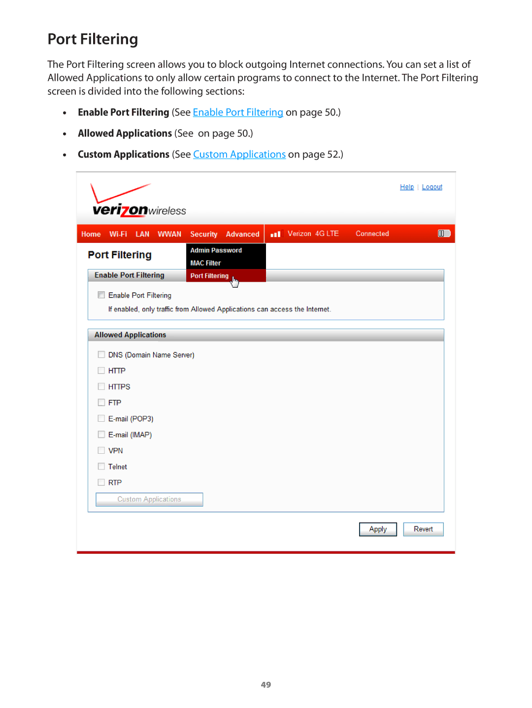 Verizon 649496017989 manual Port Filtering 