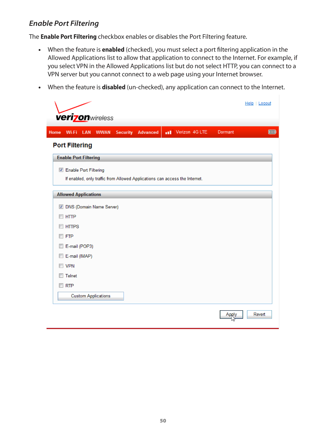 Verizon 649496017989 manual Enable Port Filtering 