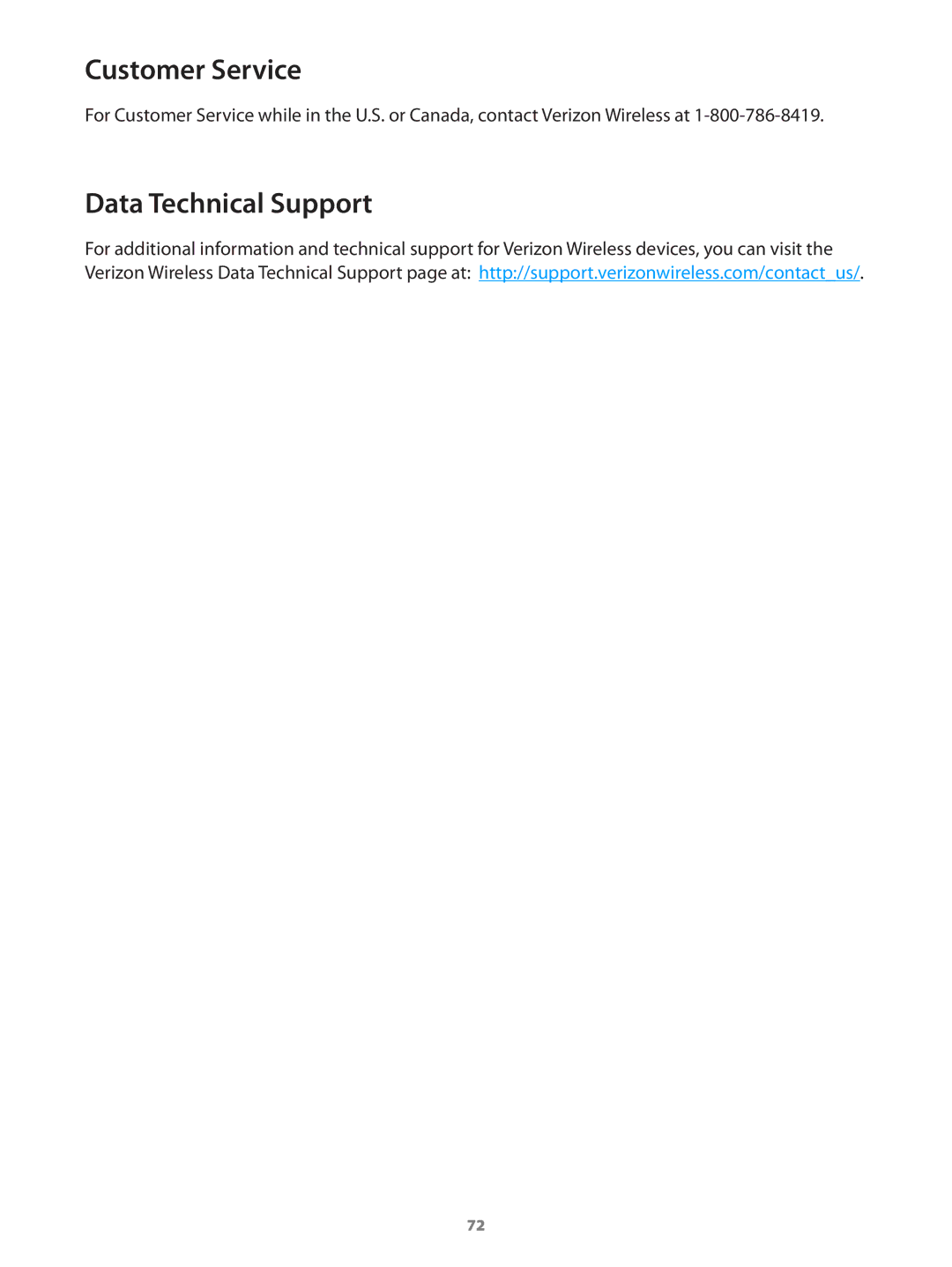 Verizon 649496017989 manual Customer Service, Data Technical Support 