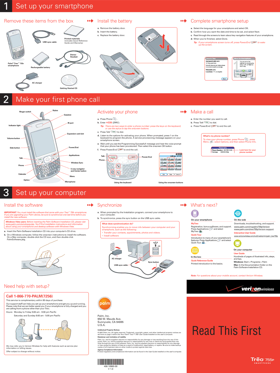 Verizon 755P installation instructions Set up your smartphone, Make your first phone call, Set up your computer 