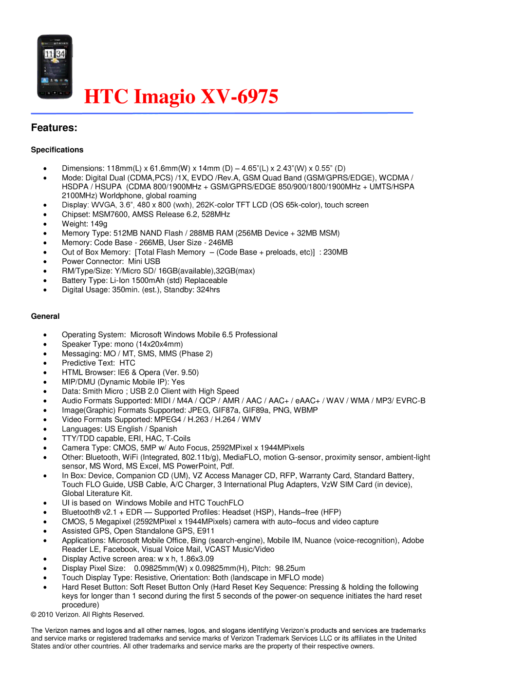 Verizon 8703E specifications HTC Imagio 