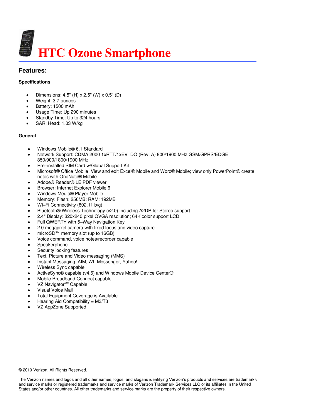 Verizon 8703E specifications HTC Ozone Smartphone 