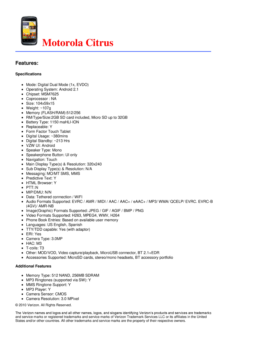 Verizon 8703E specifications Motorola Citrus, HAC M3 