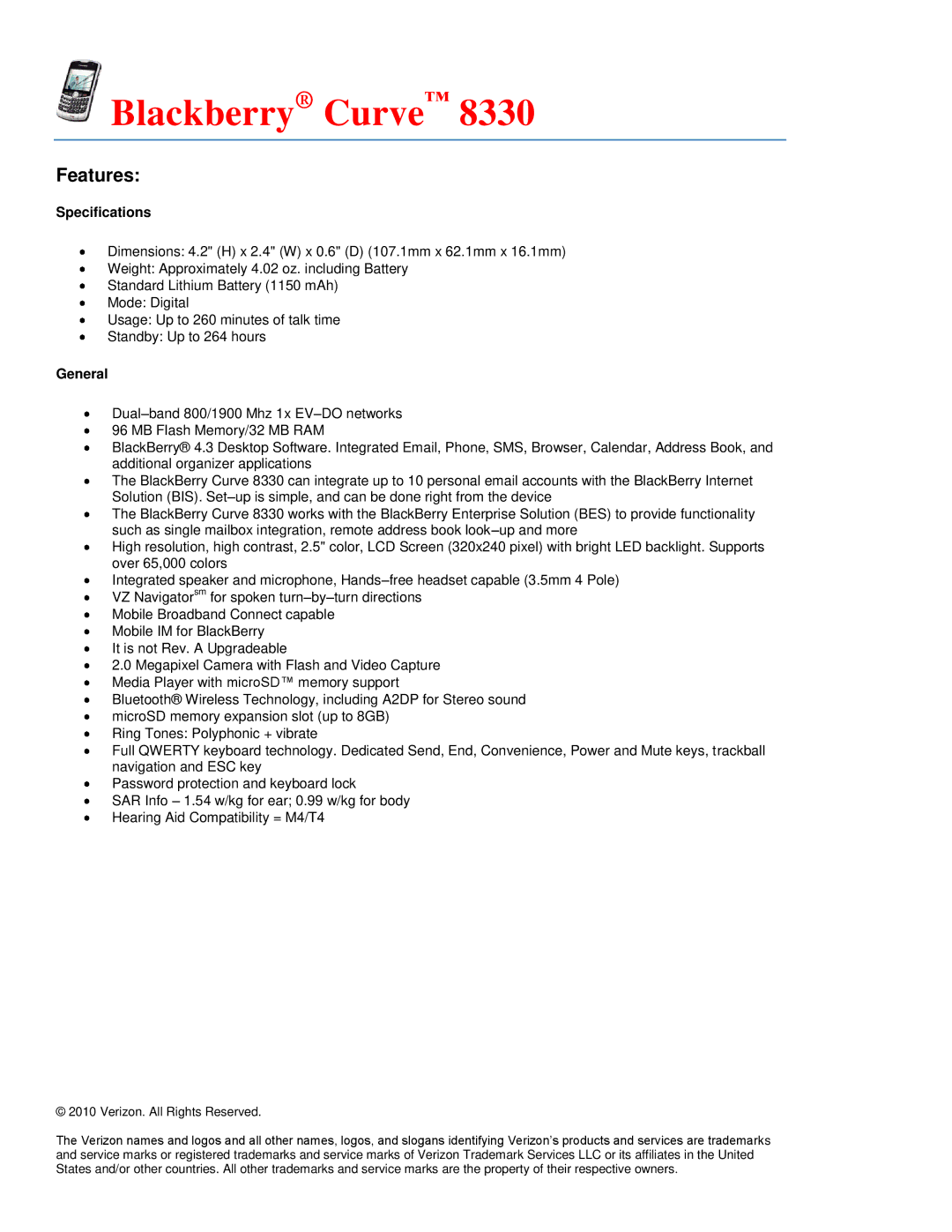 Verizon 8703E specifications Blackberry Curve 
