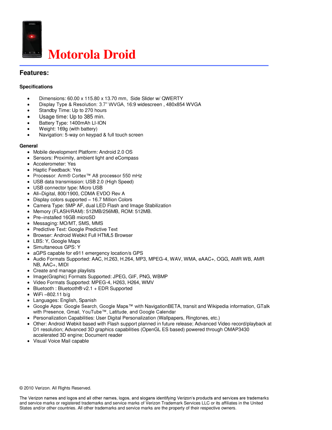 Verizon 8703E specifications Motorola Droid, Usage time Up to 385 min 