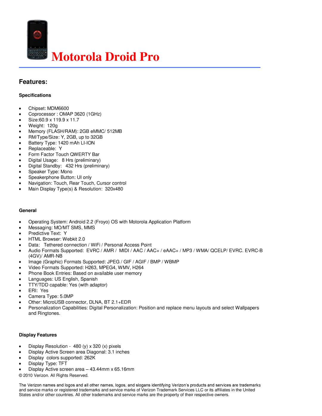 Verizon 8703E specifications Motorola Droid Pro 