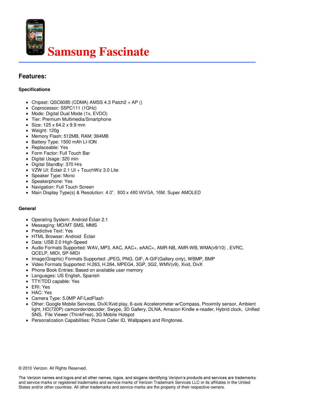 Verizon 8703E specifications Samsung Fascinate, Qcelp, Midi, Sp-Midi 