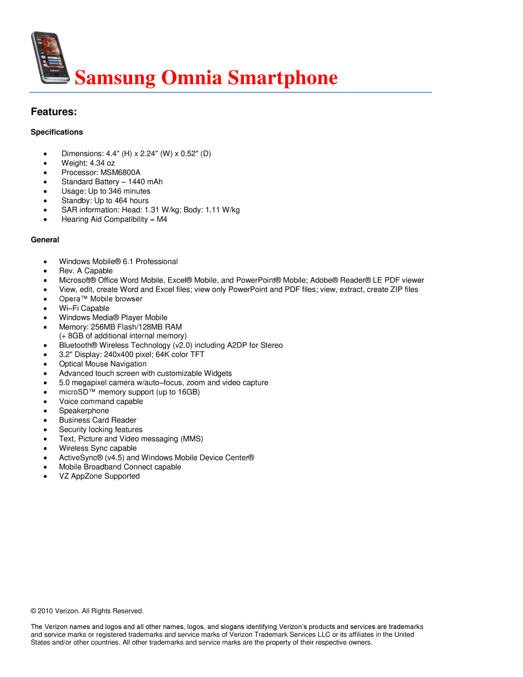 Verizon 8703E specifications Samsung Omnia Smartphone 