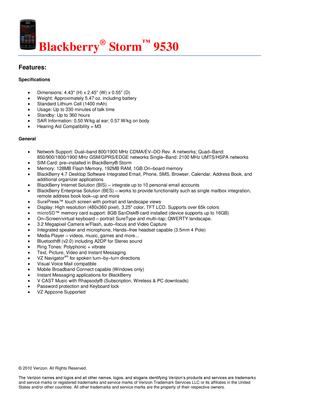 Verizon 8703E specifications Blackberry Storm 