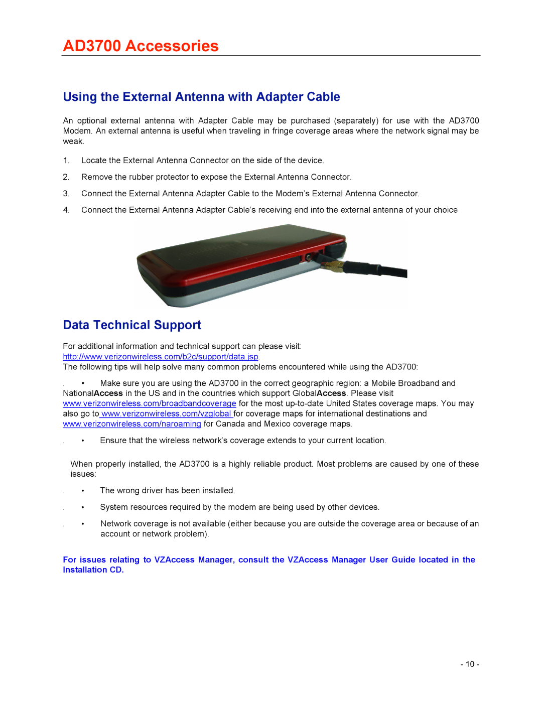 Verizon user manual AD3700 Accessories, Using the External Antenna with Adapter Cable, Data Technical Support 