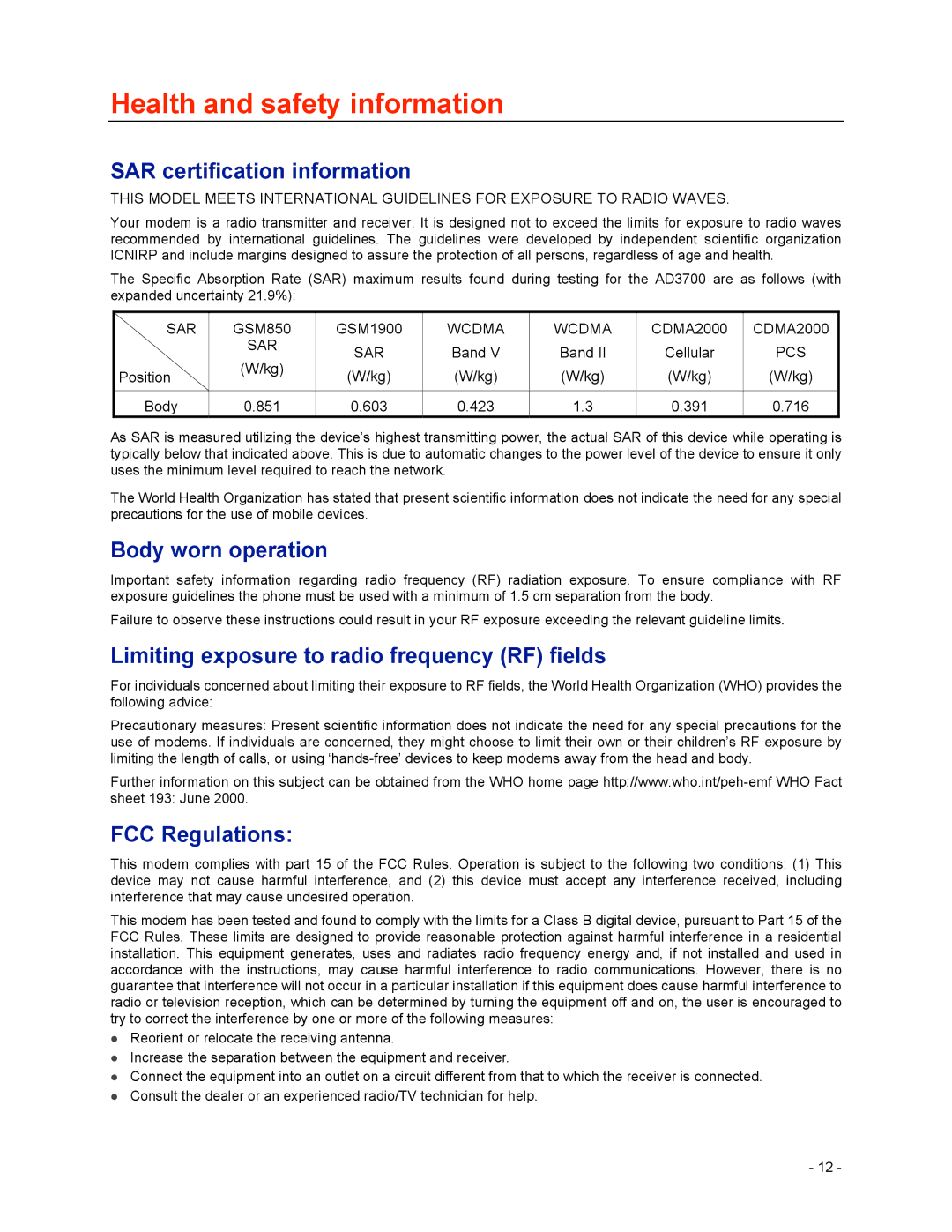 Verizon AD3700 Health and safety information, SAR certification information, Body worn operation, FCC Regulations 