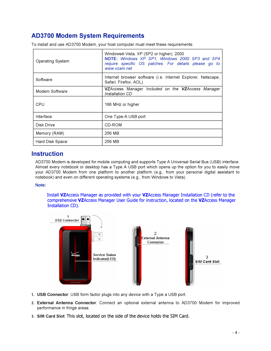 Verizon user manual AD3700 Modem System Requirements, Instruction 