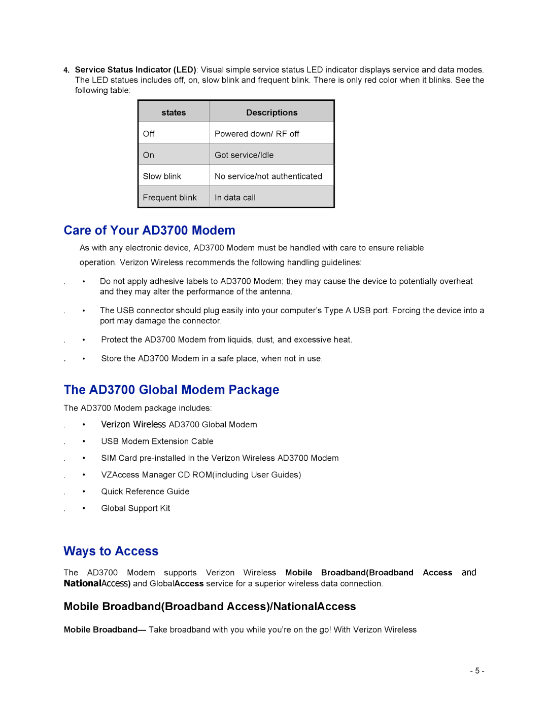 Verizon user manual Care of Your AD3700 Modem, AD3700 Global Modem Package, Ways to Access, States Descriptions 