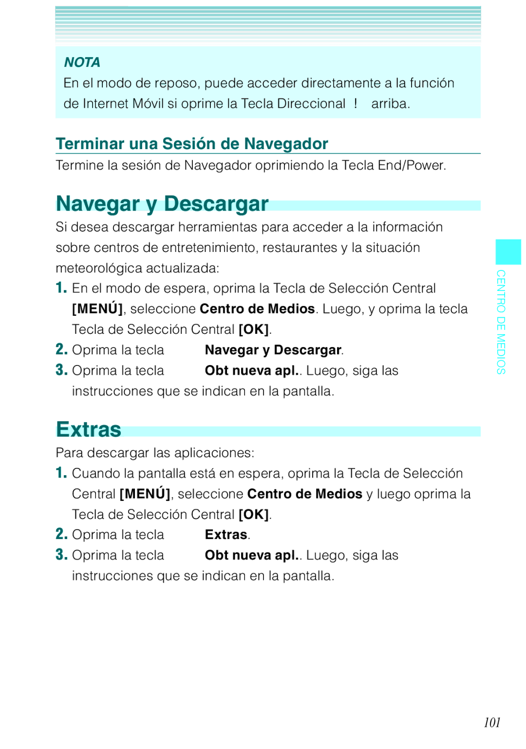 Verizon C751 manual Extras, Terminar una Sesión de Navegador, 101, Oprima la tecla Navegar y Descargar 