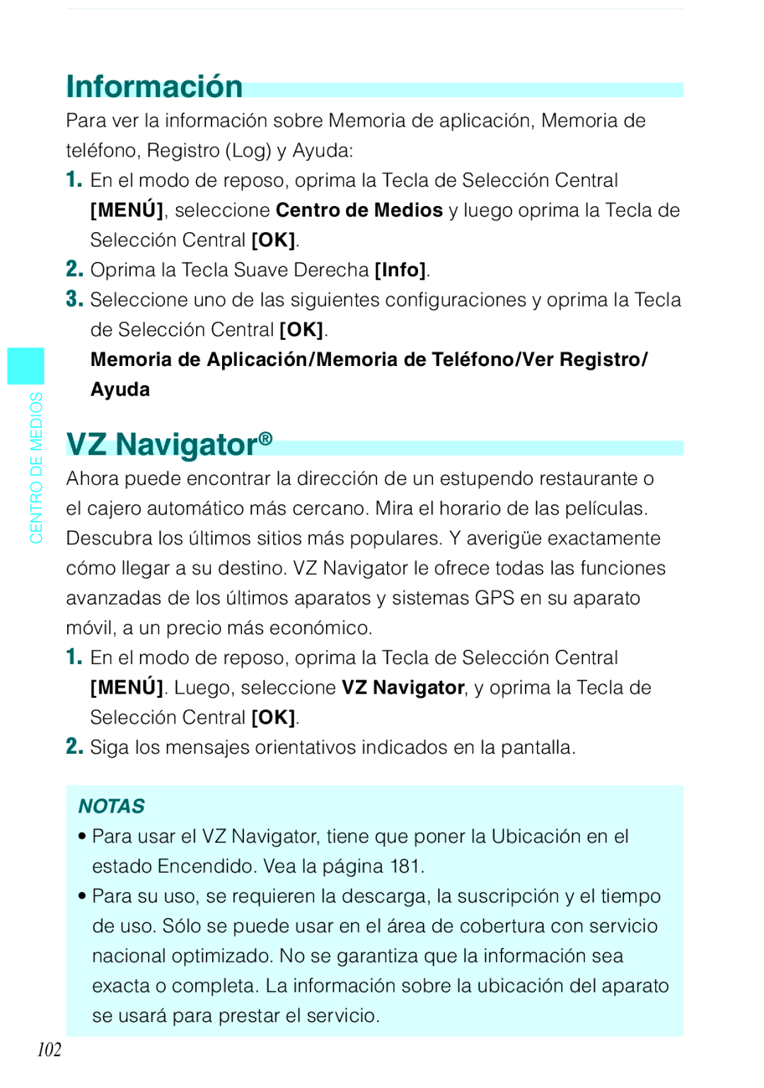 Verizon C751 manual Información, VZ Navigator, 102 