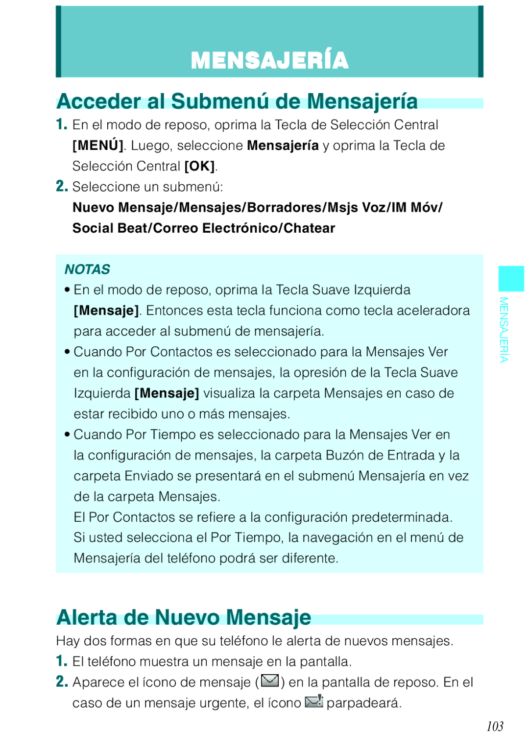 Verizon C751 manual Acceder al Submenú de Mensajería, Alerta de Nuevo Mensaje, 103 