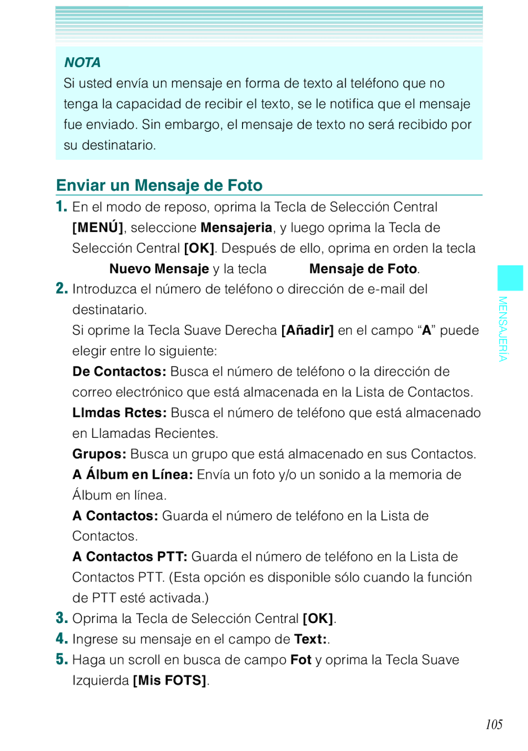 Verizon C751 manual Enviar un Mensaje de Foto, 105, Nuevo Mensaje y la tecla Mensaje de Foto 