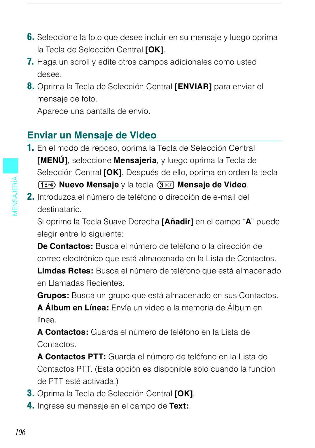 Verizon C751 manual Enviar un Mensaje de Video, 106, Nuevo Mensaje y la tecla Mensaje de Video 