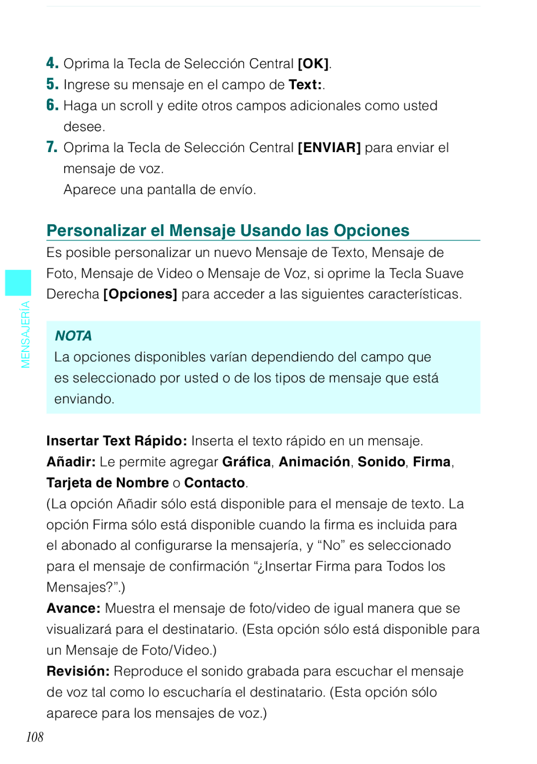 Verizon C751 manual Personalizar el Mensaje Usando las Opciones, 108 