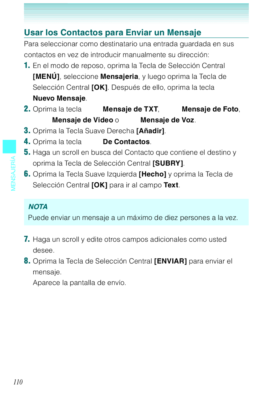 Verizon C751 manual Usar los Contactos para Enviar un Mensaje, 110 