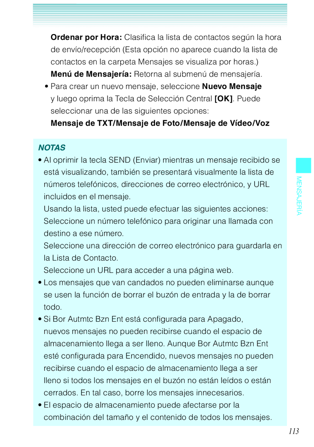 Verizon C751 manual 113, Mensaje de TXT/Mensaje de Foto/Mensaje de Vídeo/Voz 