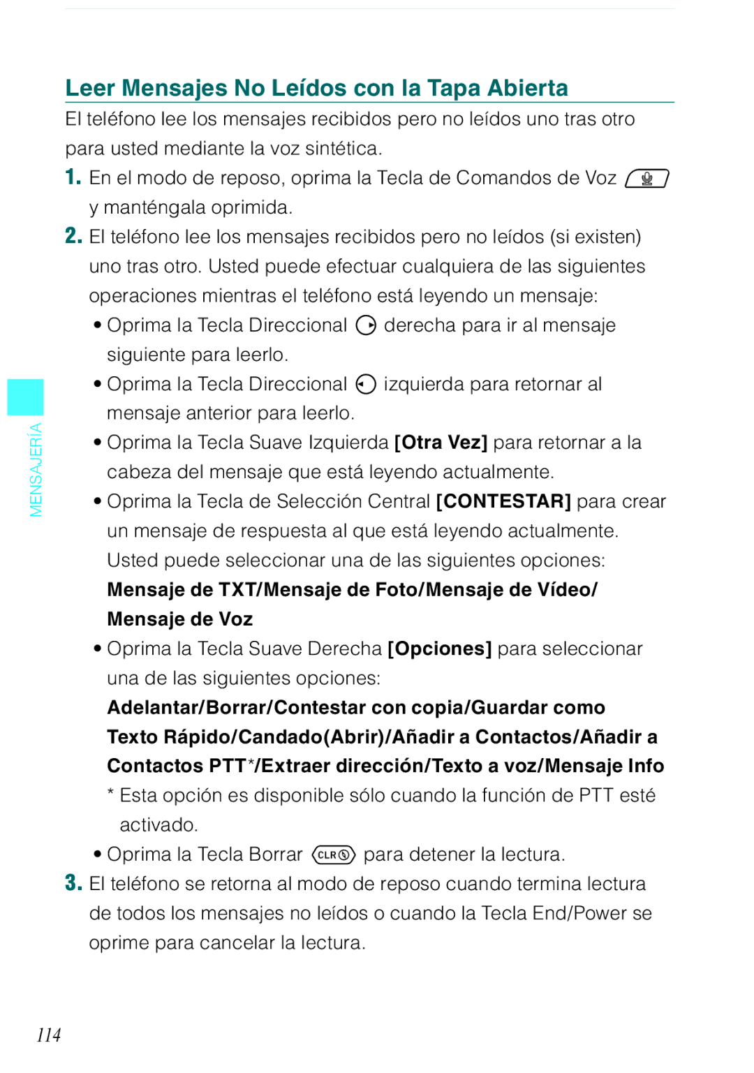 Verizon C751 manual Leer Mensajes No Leídos con la Tapa Abierta, 114 