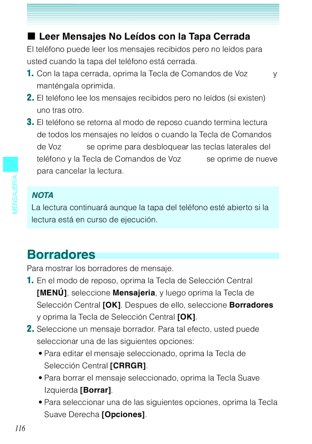 Verizon C751 manual Borradores, Leer Mensajes No Leídos con la Tapa Cerrada, 116 