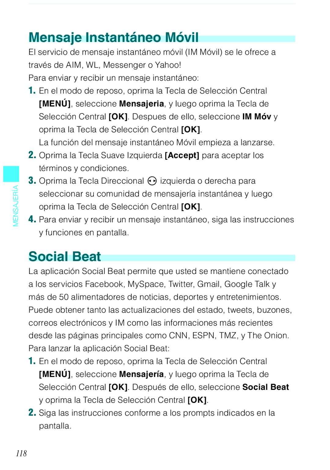 Verizon C751 manual Mensaje Instantáneo Móvil, Social Beat, 118 