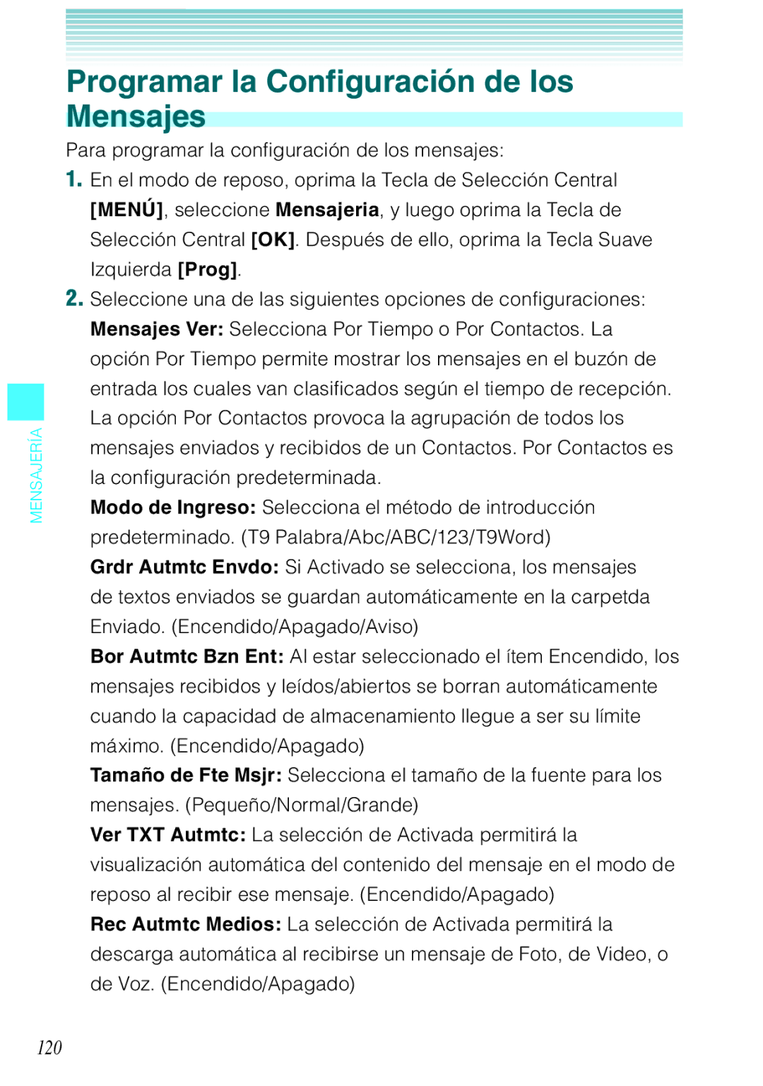 Verizon C751 manual Programar la Configuración de los Mensajes, 120 