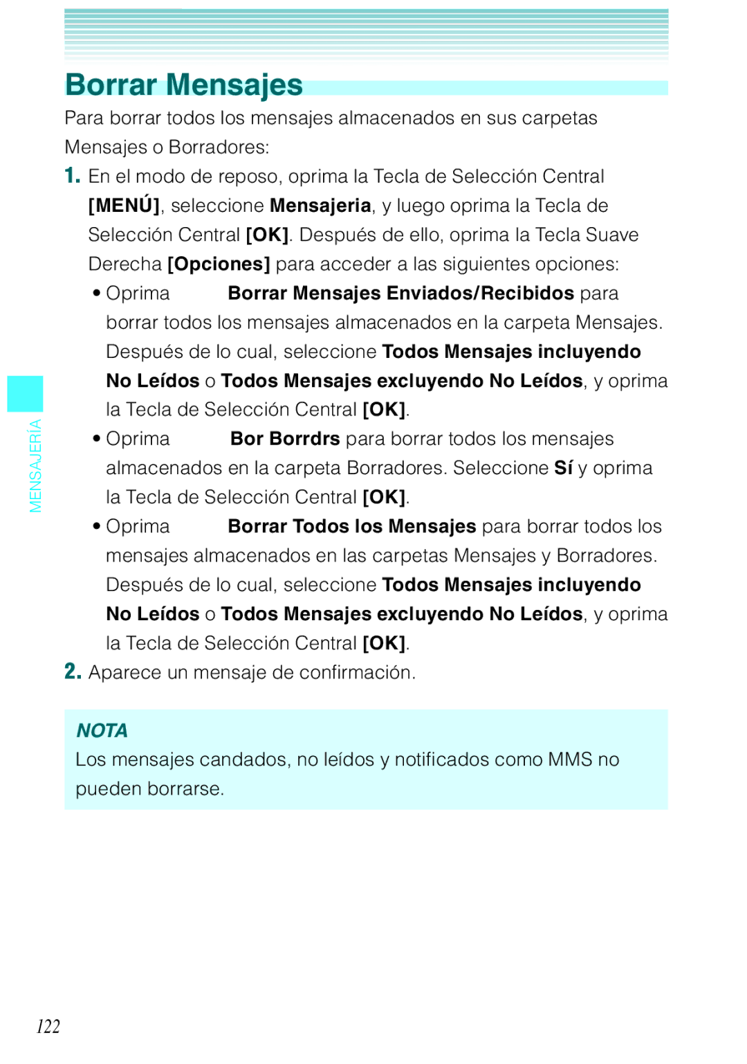 Verizon C751 manual Borrar Mensajes, 122, Aparece un mensaje de confirmación 