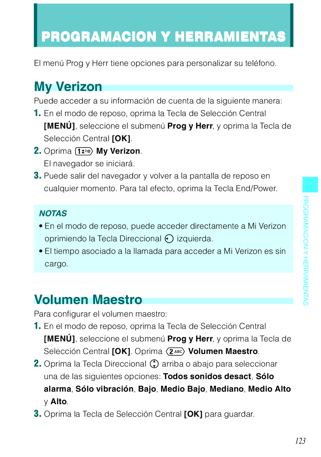 Verizon C751 manual My Verizon, Volumen Maestro, 123, Oprima la Tecla de Selección Central OK para guardar 