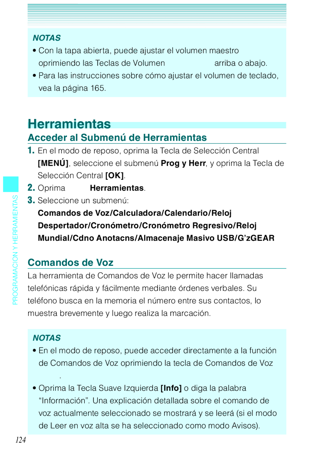 Verizon C751 manual Acceder al Submenú de Herramientas, Comandos de Voz, 124, Oprima Herramientas 