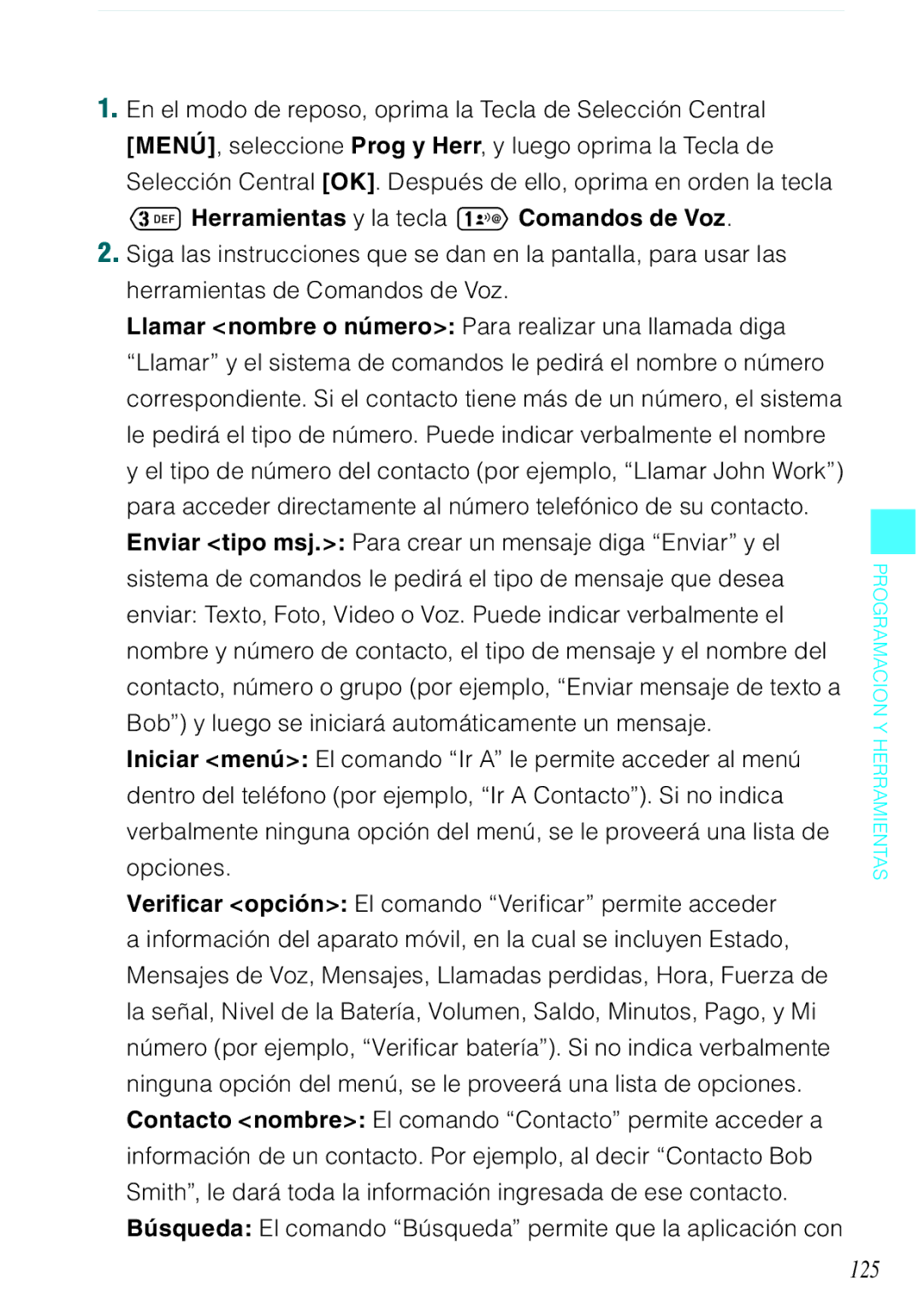 Verizon C751 manual 125, Herramientas y la tecla Comandos de Voz 