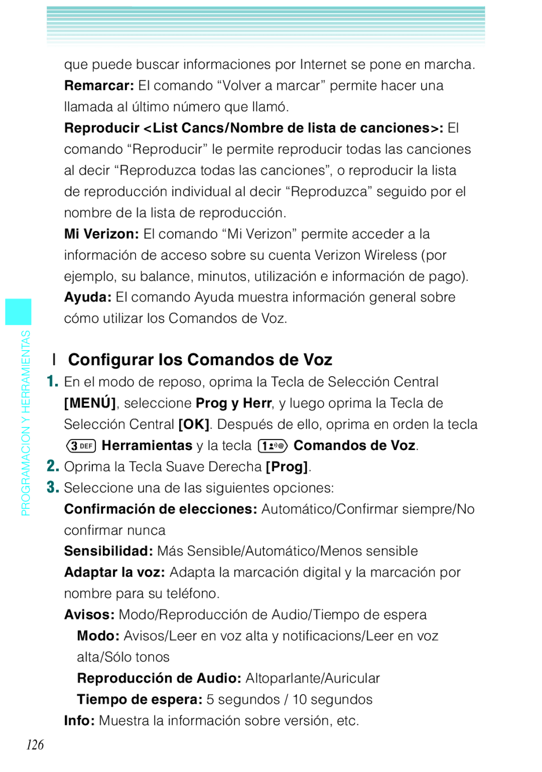 Verizon C751 manual Configurar los Comandos de Voz, 126, Reproducción de Audio Altoparlante/Auricular 