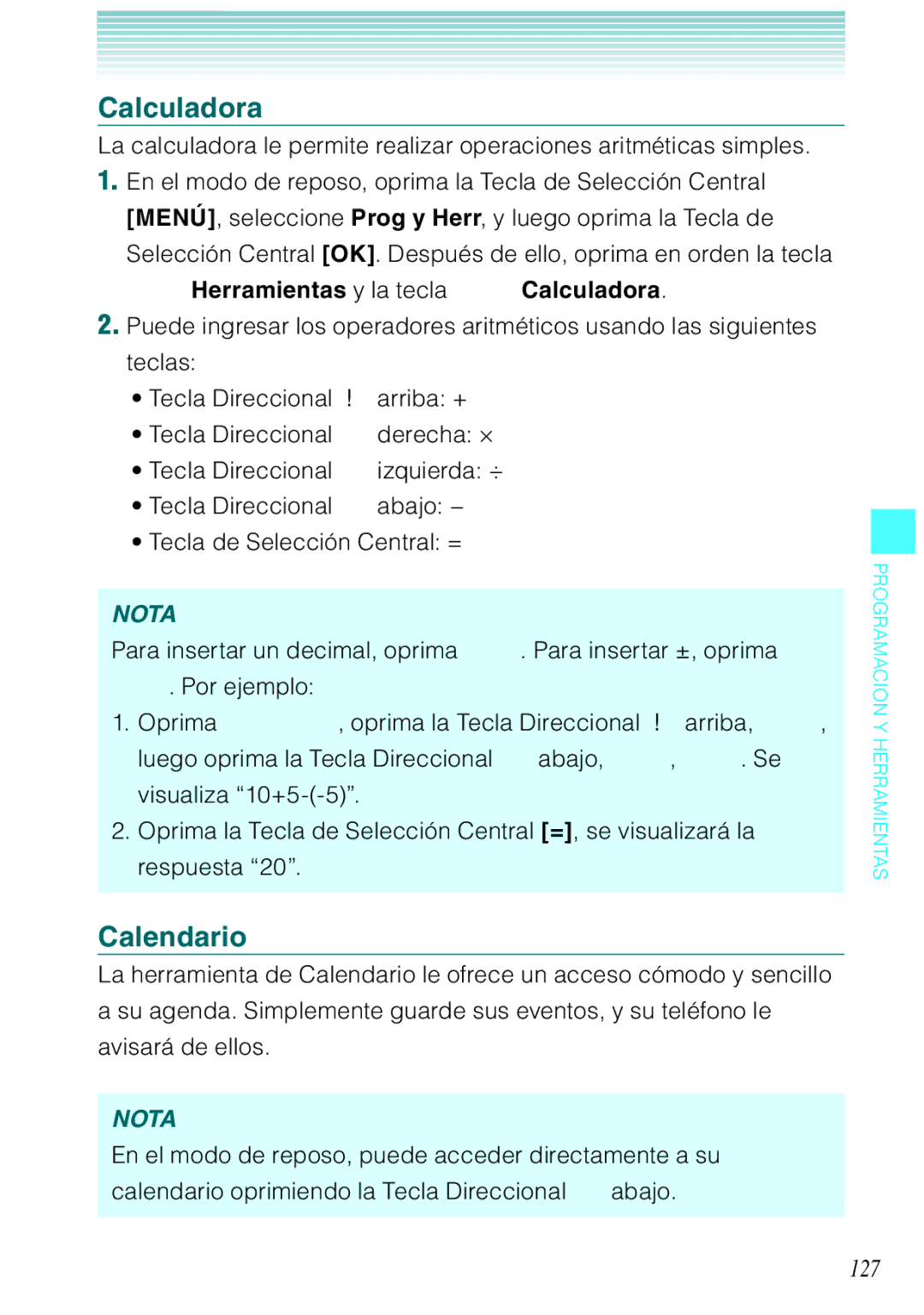 Verizon C751 manual Calendario, 127, Herramientas y la tecla Calculadora 