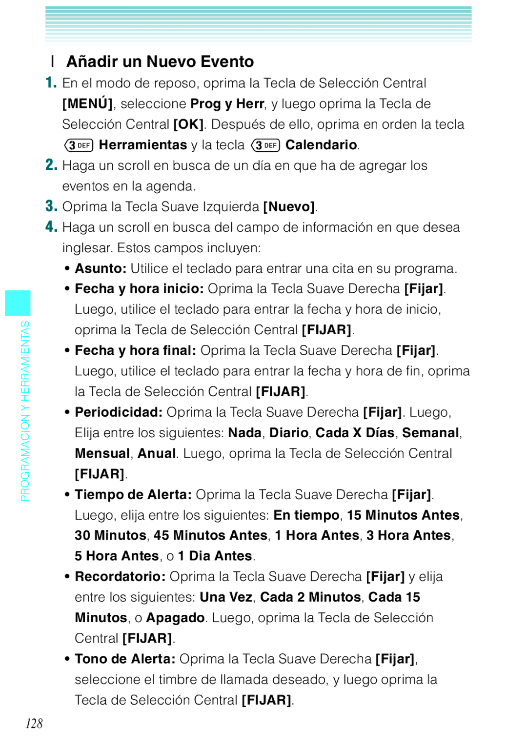 Verizon C751 manual Añadir un Nuevo Evento, 128, Herramientas y la tecla Calendario 
