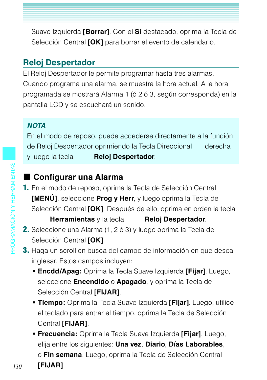 Verizon C751 manual Configurar una Alarma, Herramientas y la tecla Reloj Despertador, Fijar 