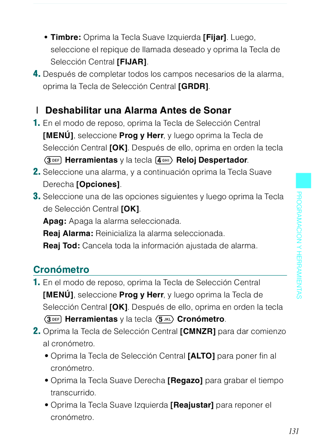 Verizon C751 manual Deshabilitar una Alarma Antes de Sonar, 131, Herramientas y la tecla Cronómetro 