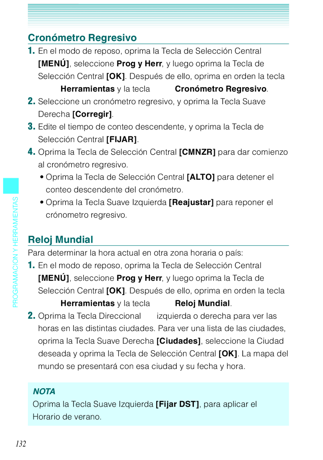 Verizon C751 manual 132, Herramientas y la tecla Cronómetro Regresivo, Herramientas y la tecla Reloj Mundial 