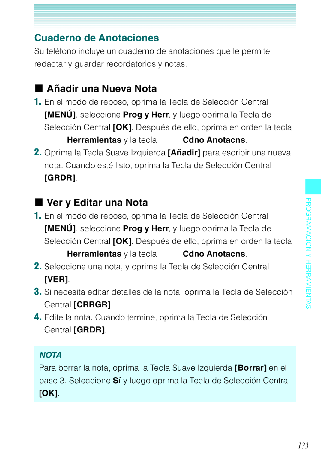 Verizon C751 manual Cuaderno de Anotaciones, Añadir una Nueva Nota, Ver y Editar una Nota, 133 