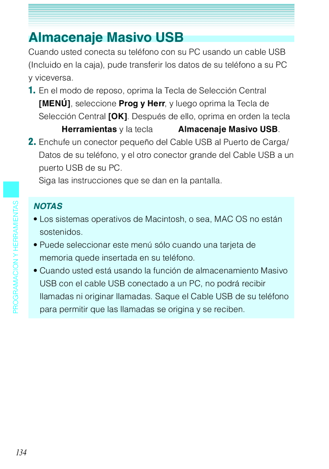 Verizon C751 manual 134, Herramientas y la tecla Almacenaje Masivo USB 