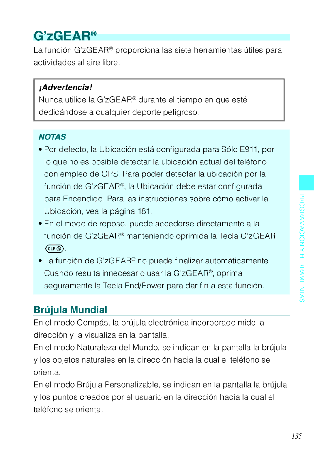 Verizon C751 manual ’zGEAR, Brújula Mundial, 135 