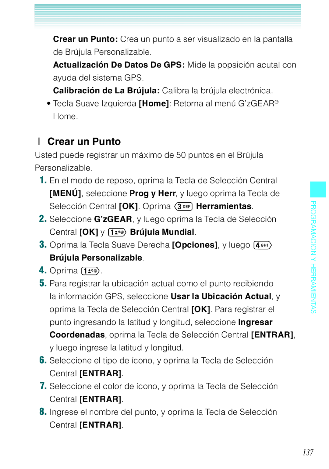 Verizon C751 manual Crear un Punto, 137, Actualización De Datos De GPS Mide la popsición acutal con, Brújula Personalizable 